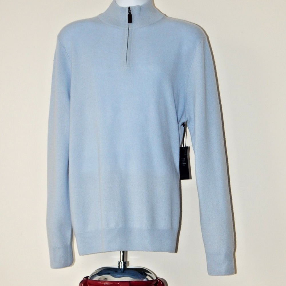 NWT Christian Lacroix Paris CASHMERE One Quarter ZIP Sweater Light Blue Men LRG